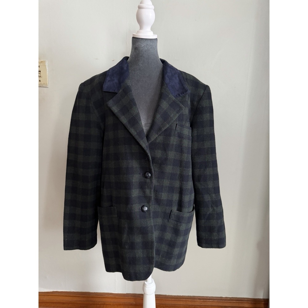 Women's Vintage Wool Buffalo Plaid Green Blazer Jacket. Old Money Long Layered L